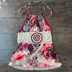 Stunning crochet silk halter top with lace detailing